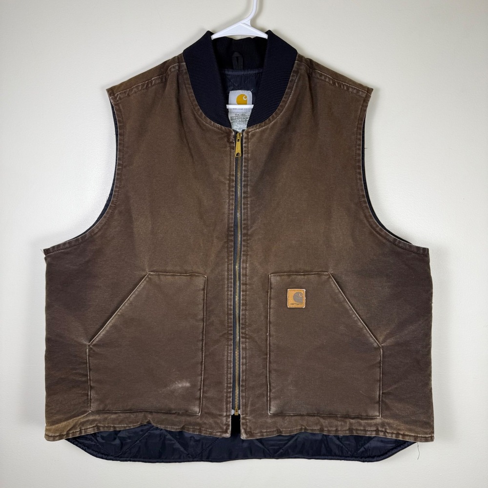 Vintage Carhartt Men Work Vest Duck Canvas Quilt Lined V02 DKB Brown 2XL Regular